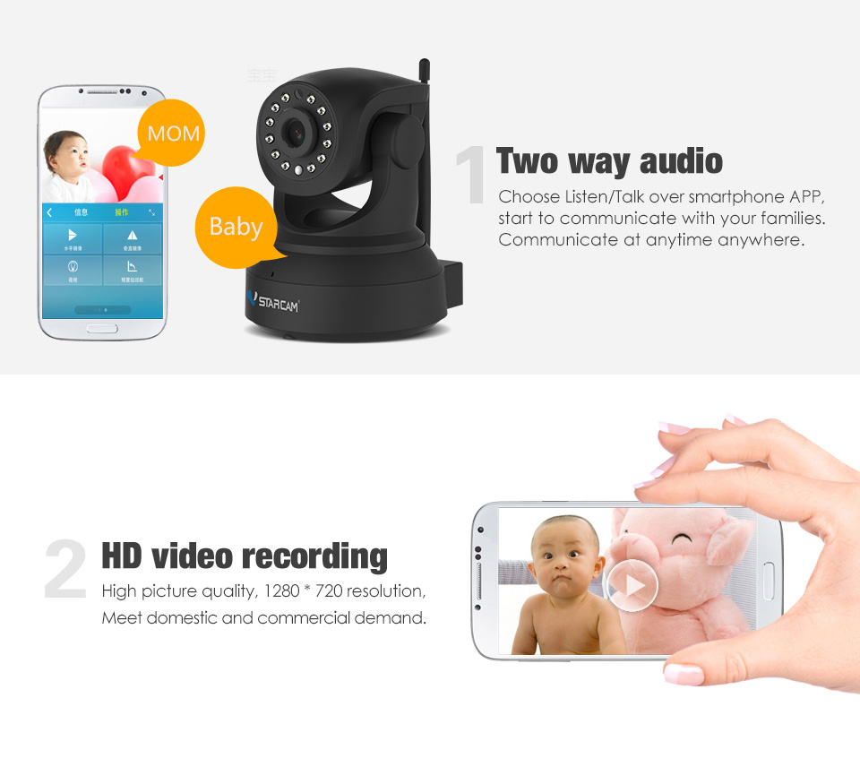 VStarcam C7824WIP IP Camera 720P WiFi ONVIF Night Vision Motion Detection CMOS Sensor Pan-Tilt Control Sonic Transfer
