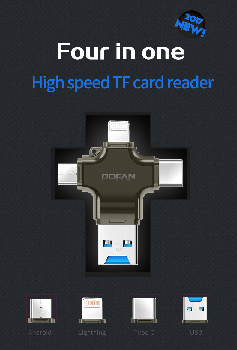 POFAN F04 Cross 4-1 High Speed TF Card Reader For USB 3.0 Android 8 pin Type-C -Silver