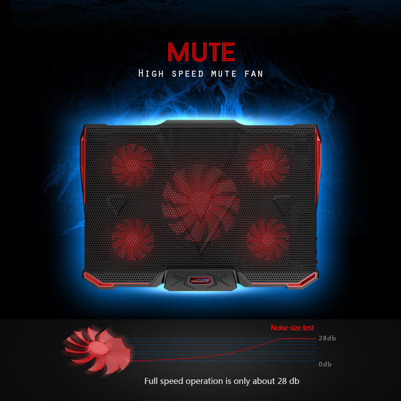 CoolCold Ice Devil 4 Cooling Pad 5 LED Fans 2 USB Ports Adjustable Holder for 12-17 Inch Laptop - Black + Red