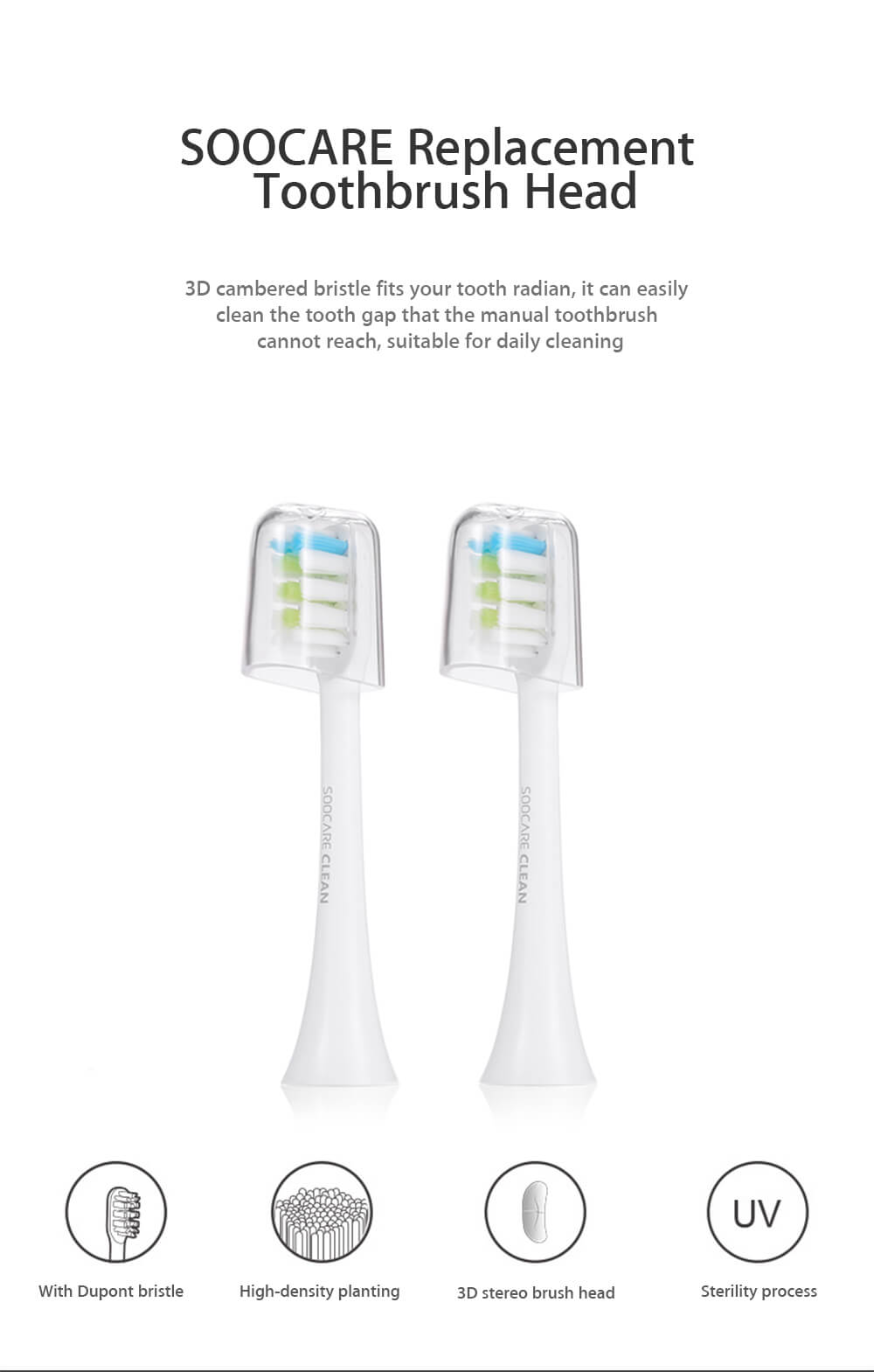 2PCS SOOCARE Replacement Toothbrush Head Common Clean for SOOCAS X3 -White