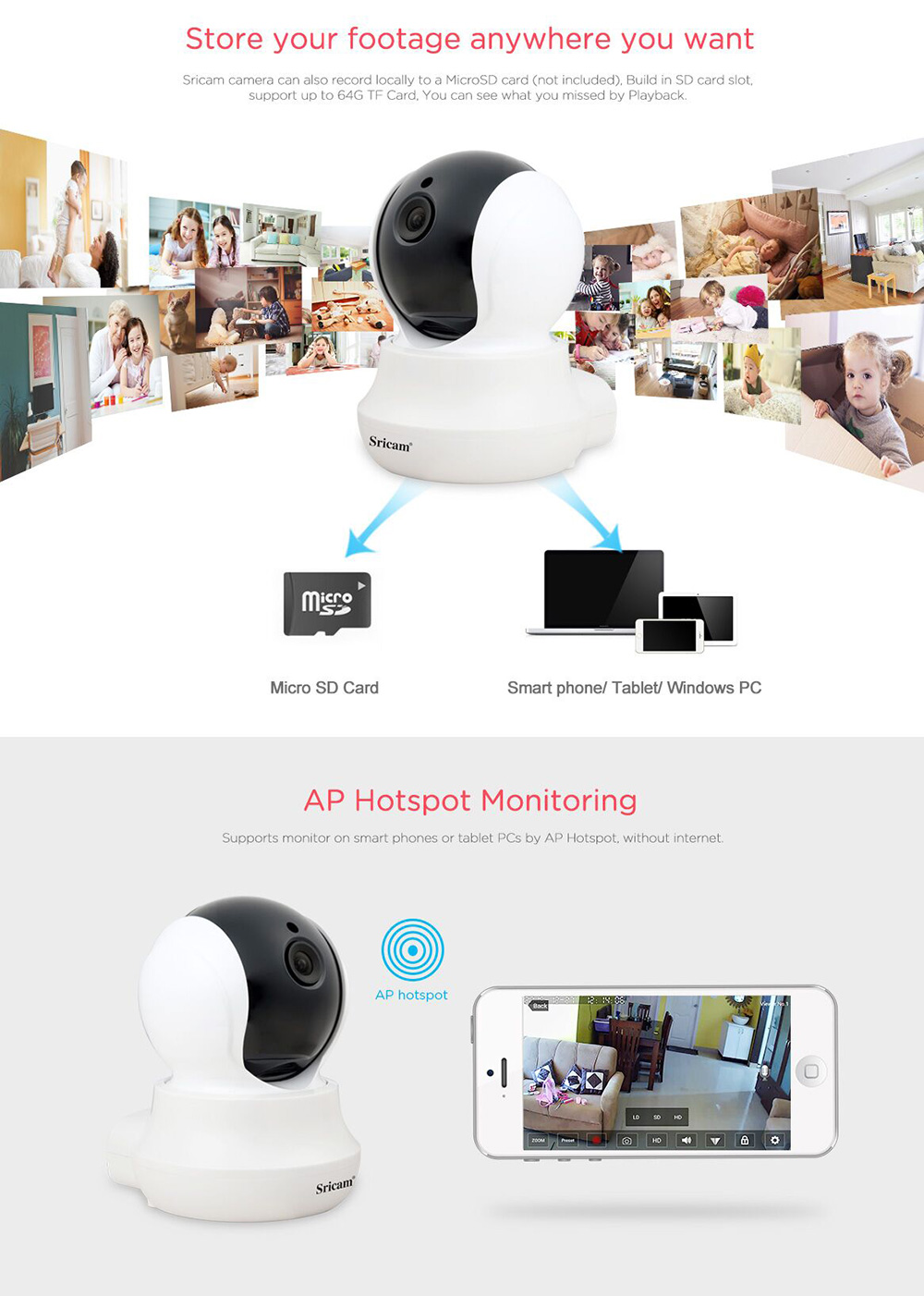 Sricam SP020 WiFi 720P IP Camera Built-in IR-cut AP Hotspot Motion Detection Night Vision P2P CMOS Sensor Security Camera -White