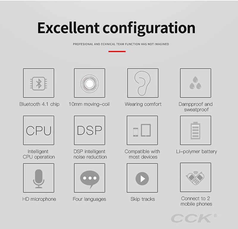 CCK KS Wireless Bluetooth V4.1 Stereo Headphone Sport Sweatproof In-ear Earphone with Mic - Red