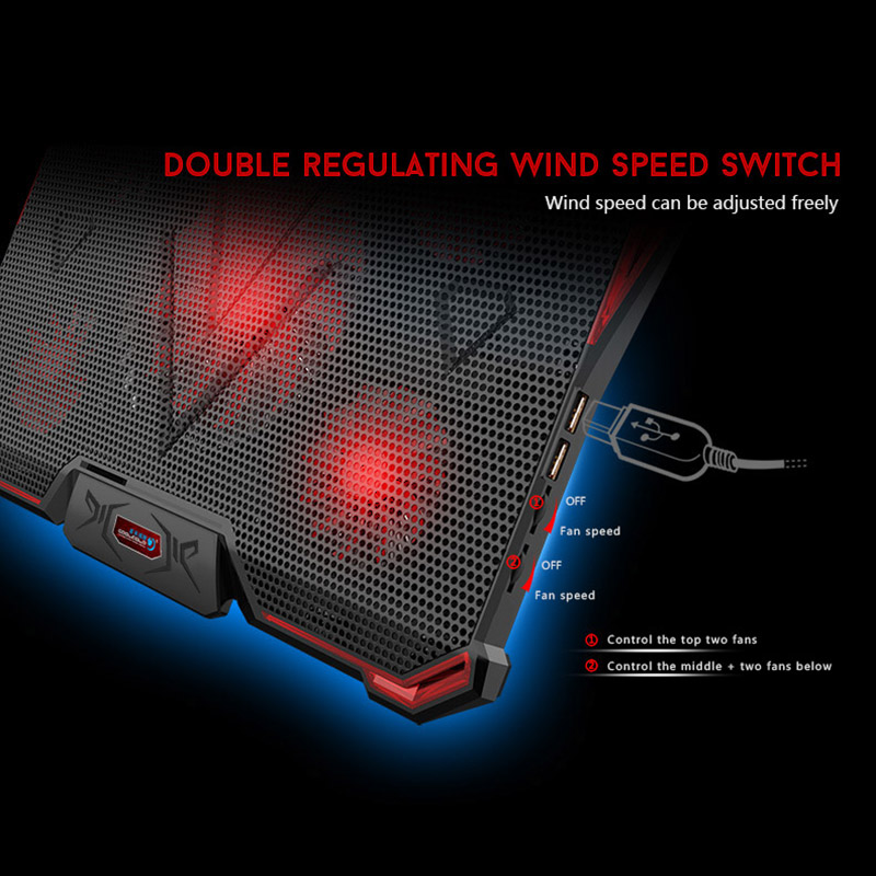 CoolCold Ice Devil 4 Cooling Pad 5 LED Fans 2 USB Ports Adjustable Holder for 12-17 Inch Laptop - Black + Red