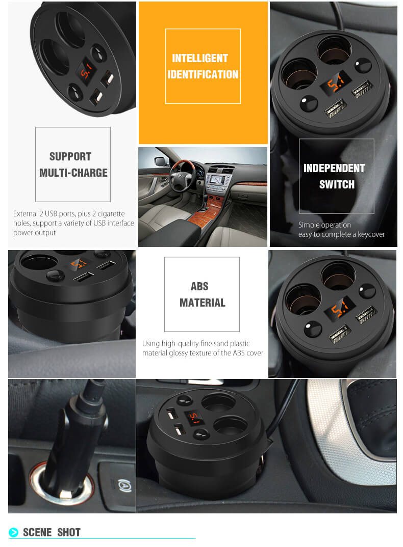 POFAN S01 Cup Car Charger with Voltage Warning Independent Switch/Dual USB Interfaces/Dual Cigar Lighter Ports - Black