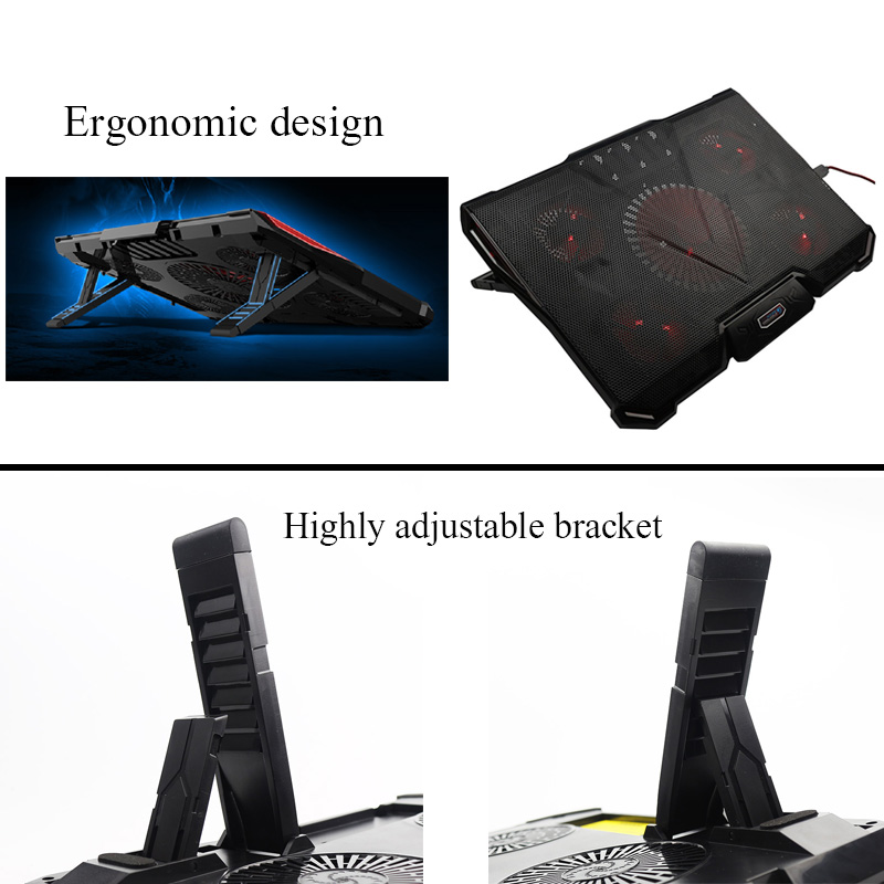CoolCold Ice Devil 4 Cooling Pad 5 LED Fans 2 USB Ports Adjustable Holder for 12-17 Inch Laptop - Black + Red