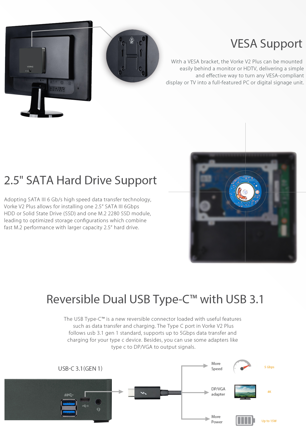 VORKE V2 Plus Mini PC Ubuntu 16.04 Intel Skylake I7-7500U 8GB RAM 256GB SSD IEEE 802.11 ac WIFI Gigabit LAN HDMI USB 3.1 Type-C