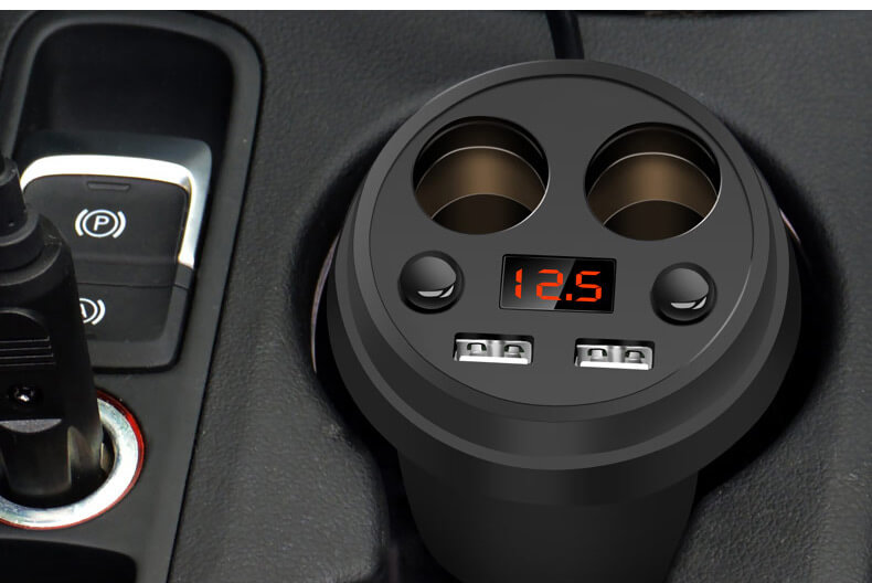 POFAN S01 Cup Car Charger with Voltage Warning Independent Switch/Dual USB Interfaces/Dual Cigar Lighter Ports - Black