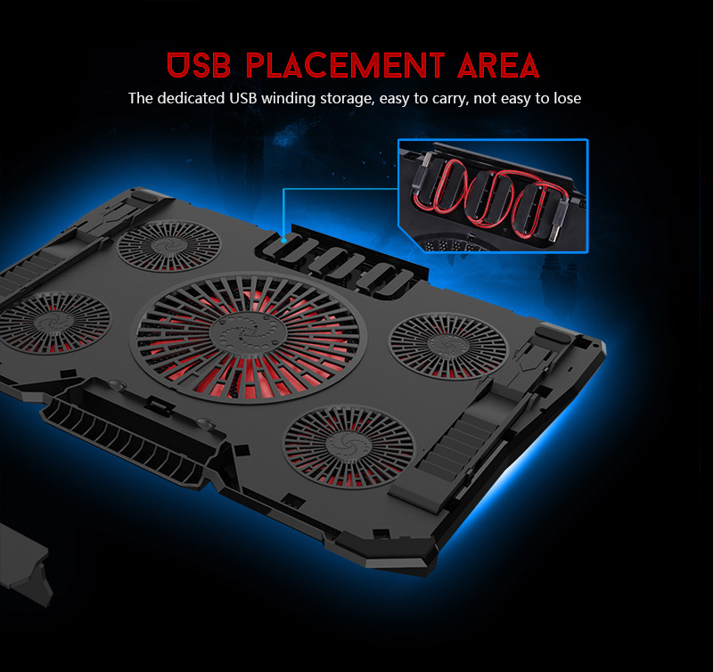 CoolCold Ice Devil 4 Cooling Pad 5 LED Fans 2 USB Ports Adjustable Holder for 12-17 Inch Laptop - Black + Red