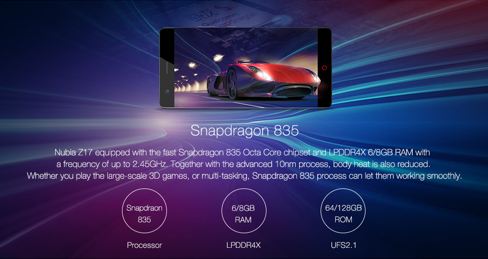 ZTE Nubia Z17 5.5 Inch 4G LTE Smartphone 6GB 64GB Dual Rear Cam 12.0MP+23.0MP Snapdragon 835 Octa Core Android 7.1 NFC Fast Charge QC4+ Bass Sound - Black