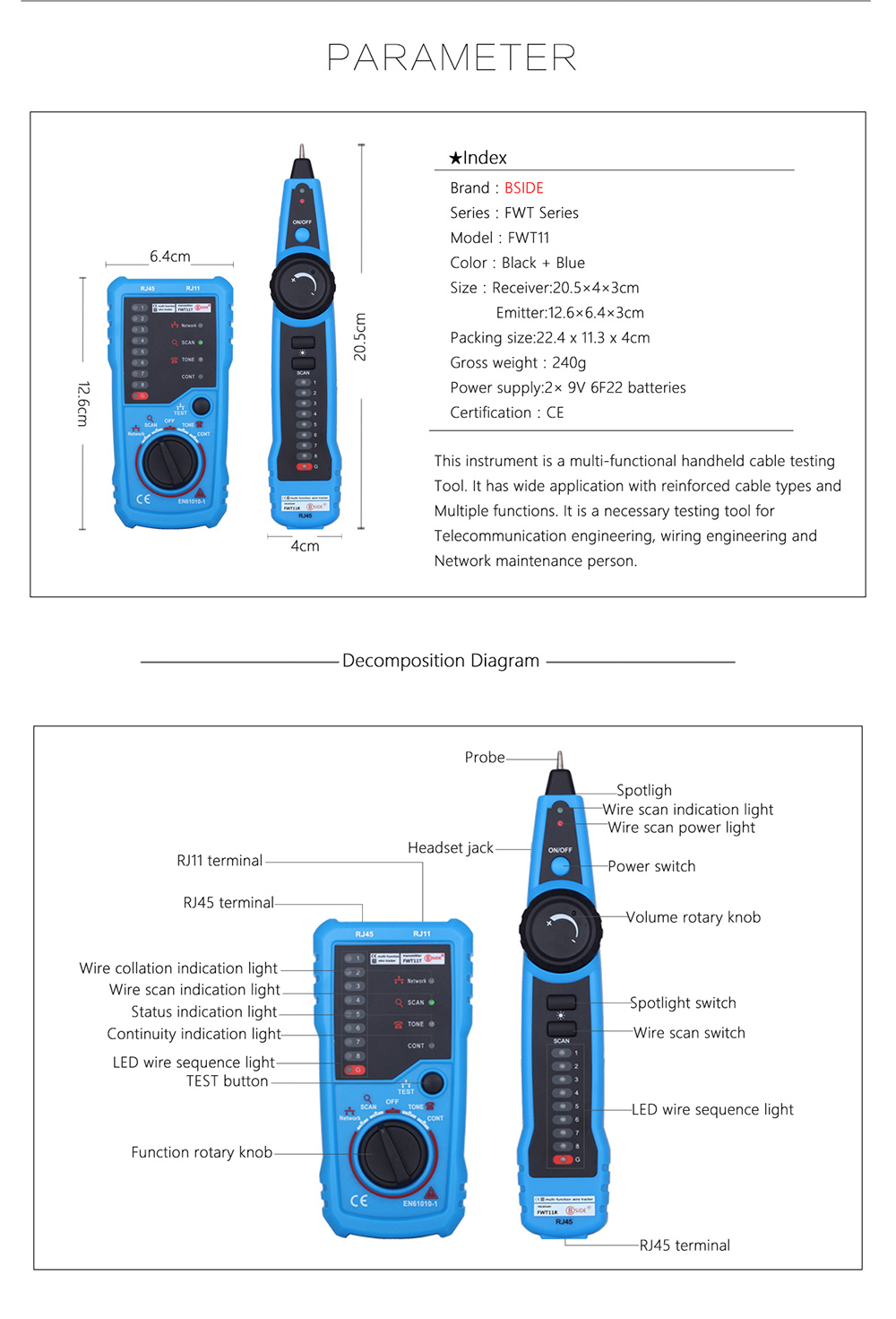 BSIDE FWT11 RJ45 RJ11 Telephone Wire Line Finder Tracker - Blue and Black