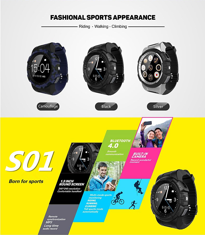 S01 Smart Watch 1.3 Inch Screen GPS Bluetooth 2503A 32GB TF Card SMS Reminder Camera Siri Multi-mode Sports Monitoring - Silver