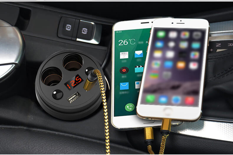 POFAN S01 Cup Car Charger with Voltage Warning Independent Switch/Dual USB Interfaces/Dual Cigar Lighter Ports - Black