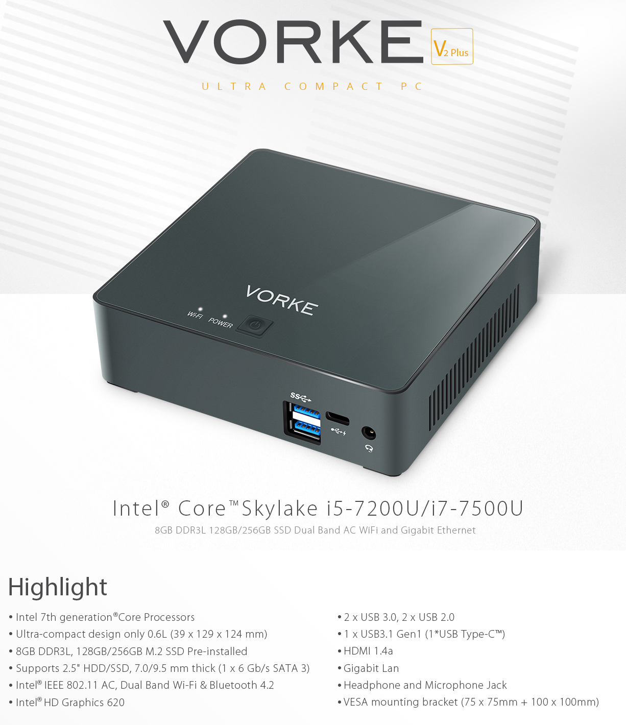 VORKE V2 Plus Mini PC Ubuntu 16.04 Intel Skylake I7-7500U 8GB RAM 256GB SSD IEEE 802.11 ac WIFI Gigabit LAN HDMI USB 3.1 Type-C