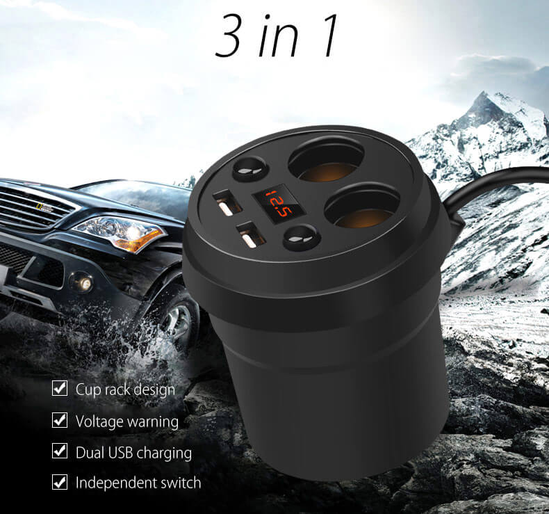 POFAN S01 Cup Car Charger with Voltage Warning Independent Switch/Dual USB Interfaces/Dual Cigar Lighter Ports - Black