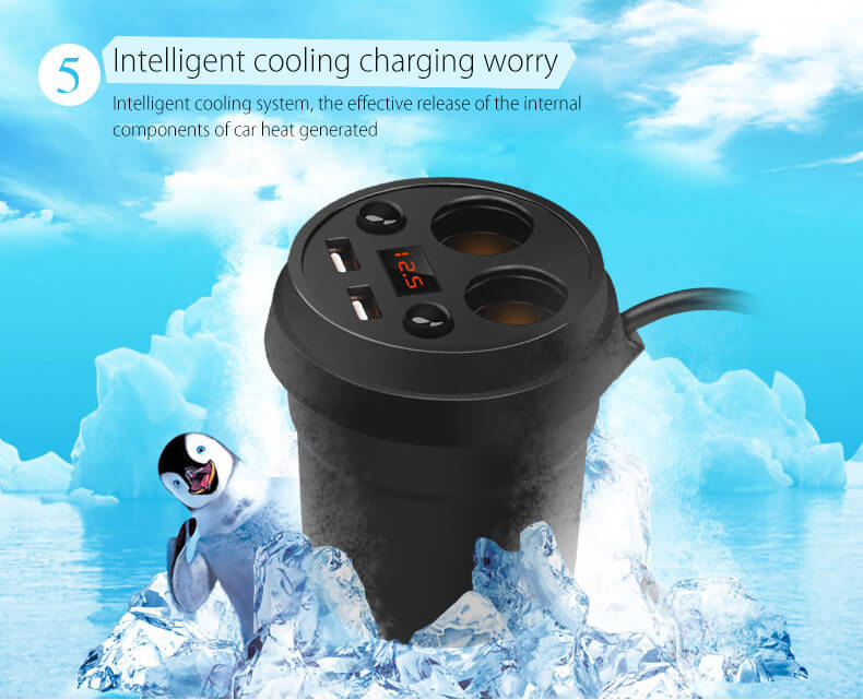 POFAN S01 Cup Car Charger with Voltage Warning Independent Switch/Dual USB Interfaces/Dual Cigar Lighter Ports - Black