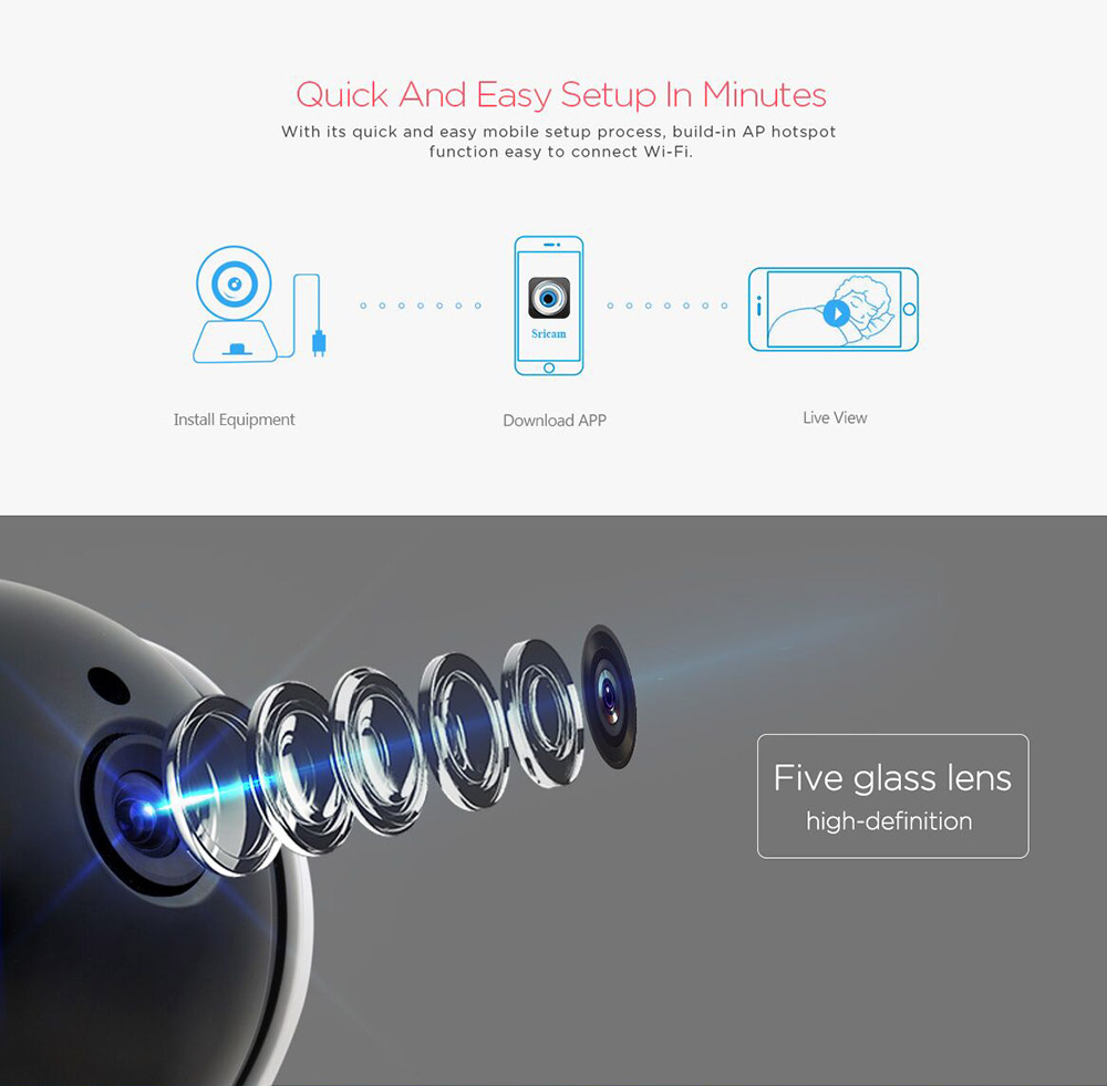 Sricam SP020 WiFi 720P IP Camera Built-in IR-cut AP Hotspot Motion Detection Night Vision P2P CMOS Sensor Security Camera -White
