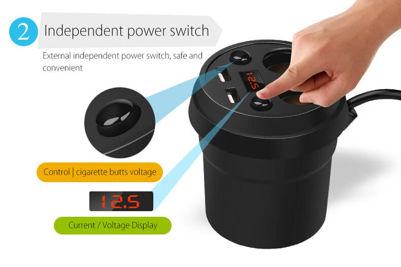 POFAN S01 Cup Car Charger with Voltage Warning Independent Switch/Dual USB Interfaces/Dual Cigar Lighter Ports - Black