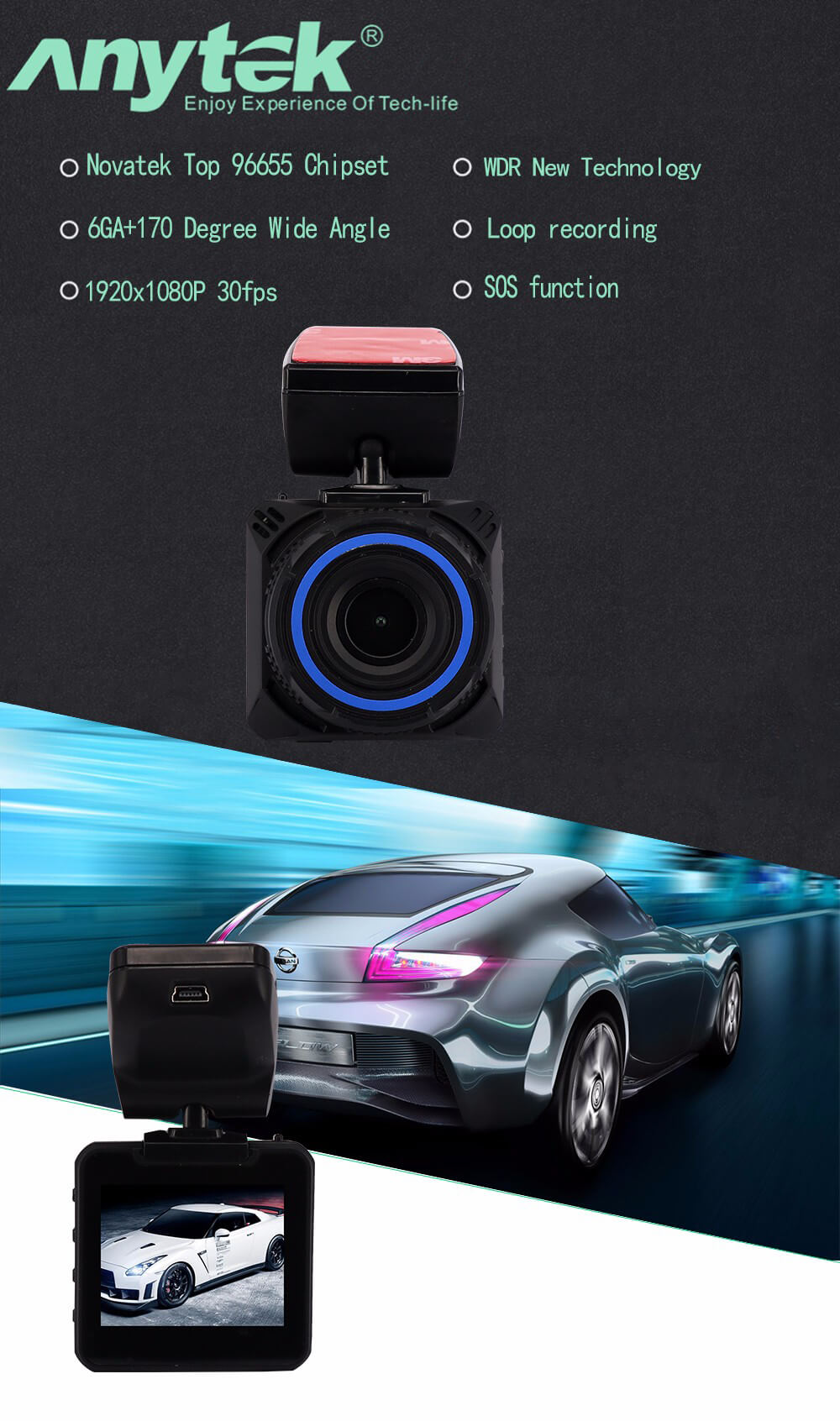 Anytek B10 Car DVR 2.0inch 1080P FHD Novatek 96655 SONY IMX322 Dash Cam 6G 170 Degree Wide Angle Lens G-Sensor - Black