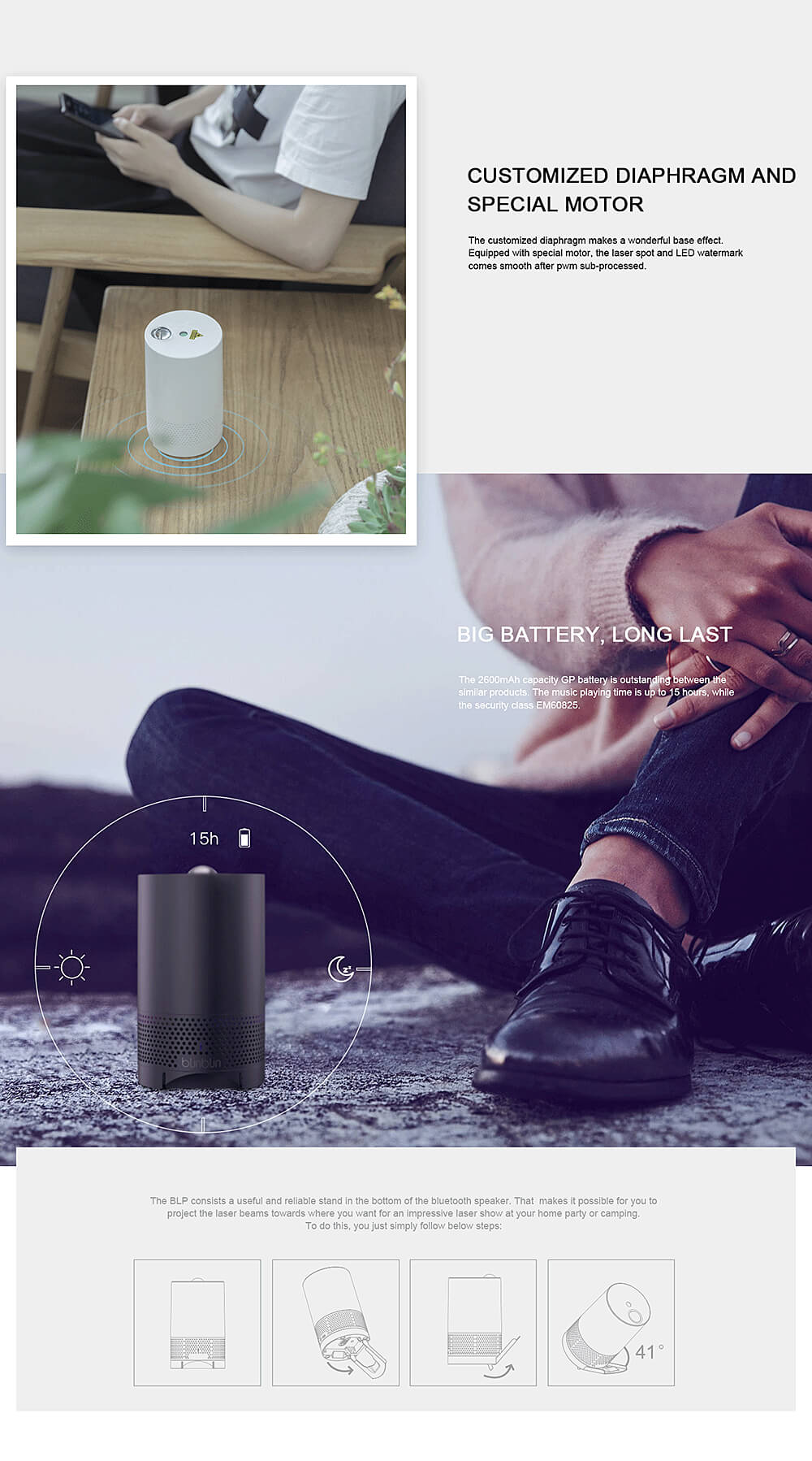 Blinblin Major I Pulse Laser Light Portable Wireless Bluetooth Speaker with Blue Atmosphere LED Light - White