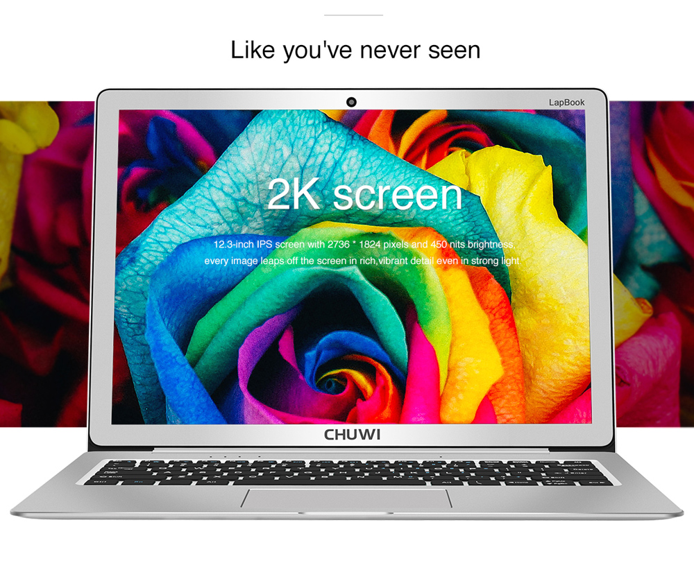 Chuwi LapBook Notebook 12.3 Inch Screen 6GB RAM 64GB ROM Windows 10 Home Intel Celeron Processor N3450 Quad Core Camera HDMI - Silver