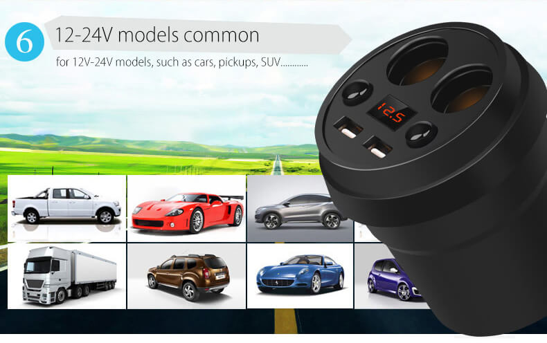 POFAN S01 Cup Car Charger with Voltage Warning Independent Switch/Dual USB Interfaces/Dual Cigar Lighter Ports - Black