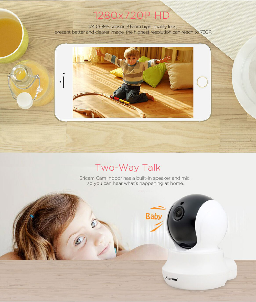 Sricam SP020 WiFi 720P IP Camera Built-in IR-cut AP Hotspot Motion Detection Night Vision P2P CMOS Sensor Security Camera -White