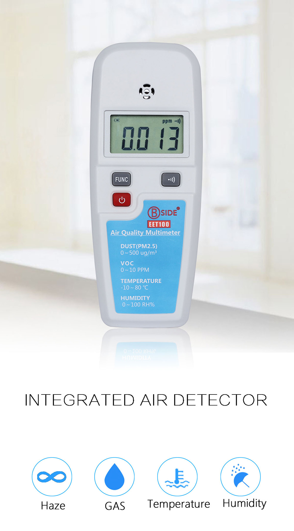BSIDE EET100 Air Quality Monitoring Tester VOC Formaldehyde PM2.5 Temperature Humidity Detector