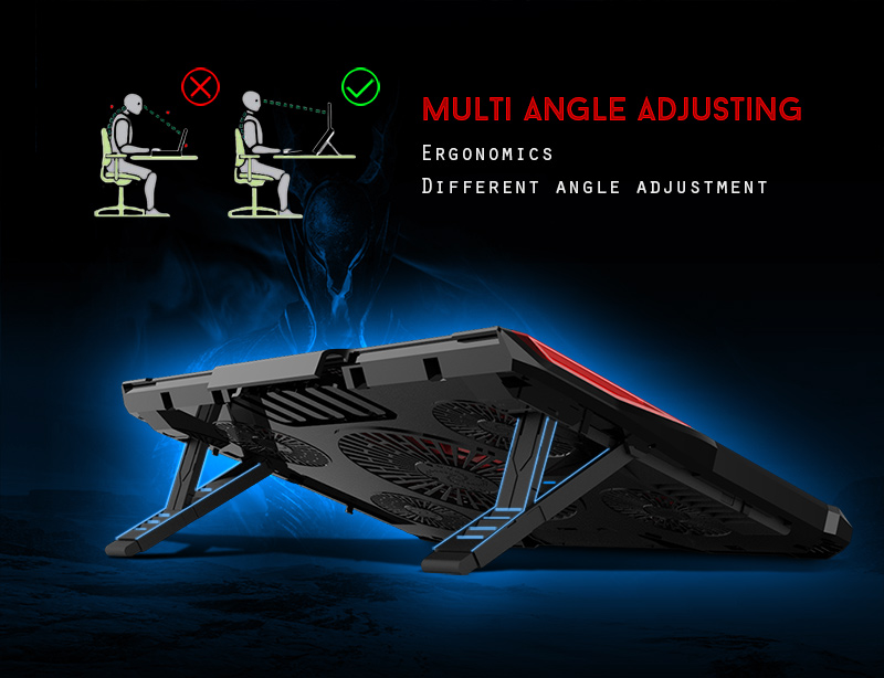 CoolCold Ice Devil 4 Cooling Pad 5 LED Fans 2 USB Ports Adjustable Holder for 12-17 Inch Laptop - Black + Red