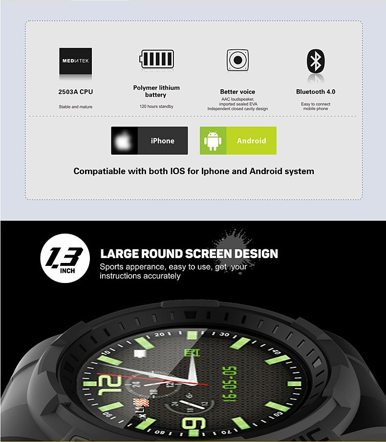 S01 Smart Watch 1.3 Inch Screen GPS Bluetooth 2503A 32GB TF Card SMS Reminder Camera Siri Multi-mode Sports Monitoring - Black