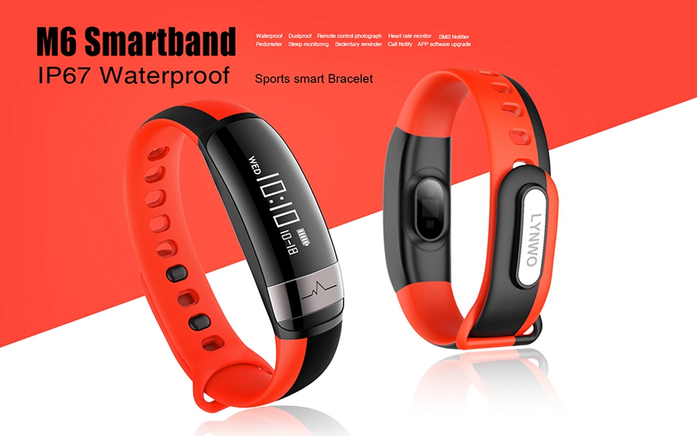 LYNWO M6 Smart Wrist Band Bluetooth Heart Rate Blood Pressure Monitor Health Tracker IP67 Water Resistant with iOS Android - Red