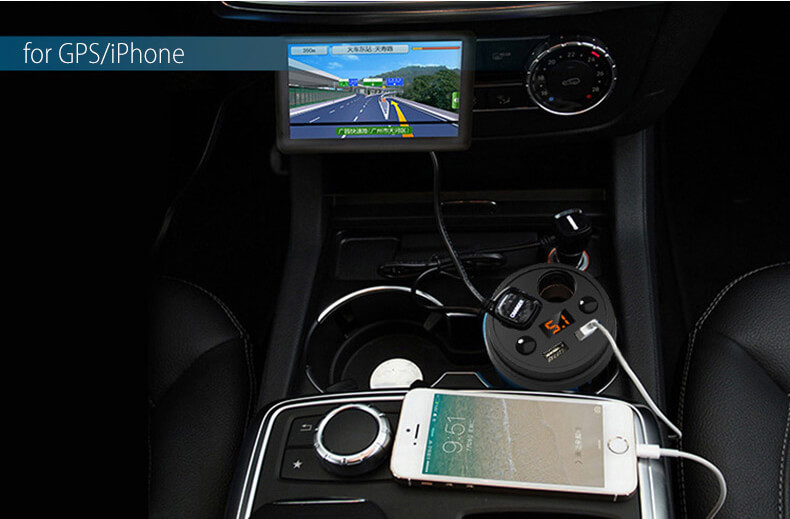 POFAN S01 Cup Car Charger with Voltage Warning Independent Switch/Dual USB Interfaces/Dual Cigar Lighter Ports - Black