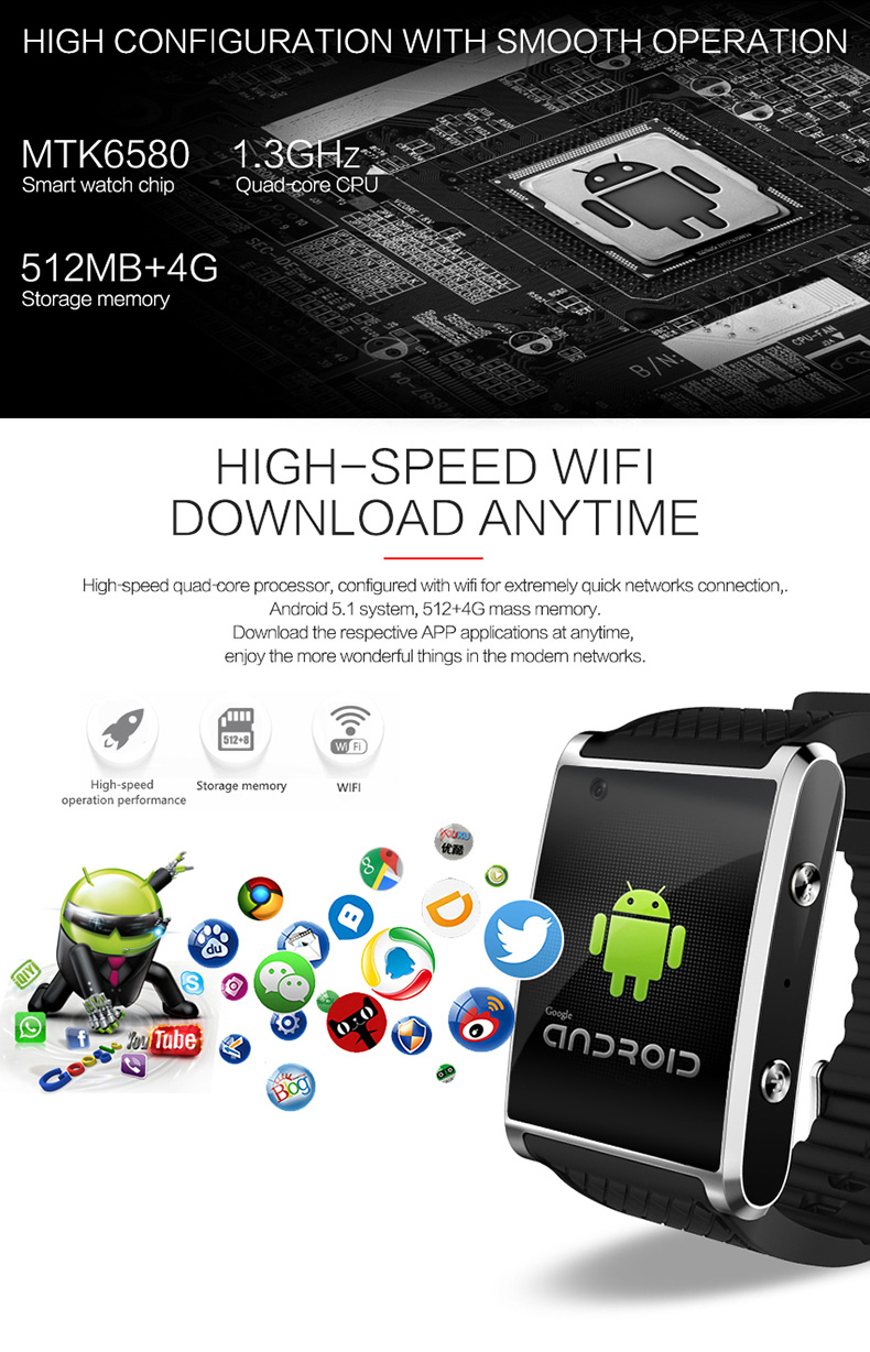 X11 3G Smartwatch Phone Android 5.1 MTK6580 Quad Core 1.3GHz 512MB RAM 4GB ROM GPS Bluetooth 4.0 - Silver