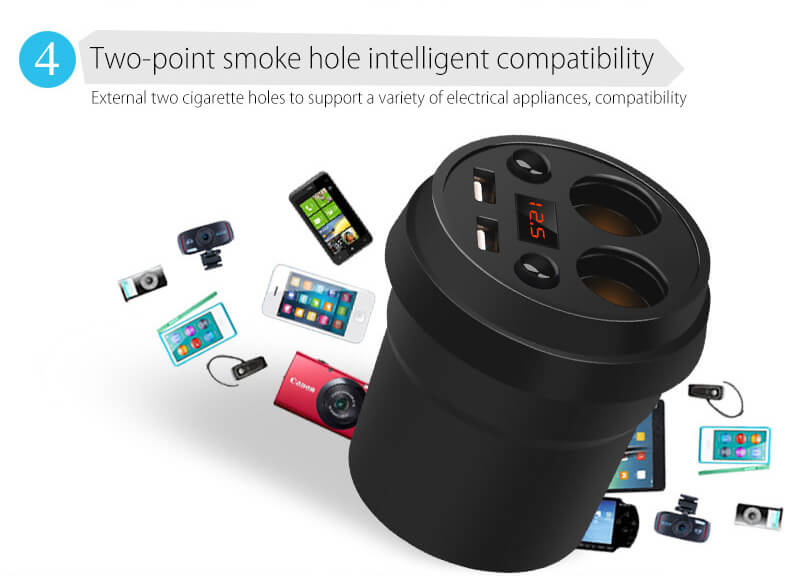 POFAN S01 Cup Car Charger with Voltage Warning Independent Switch/Dual USB Interfaces/Dual Cigar Lighter Ports - Black