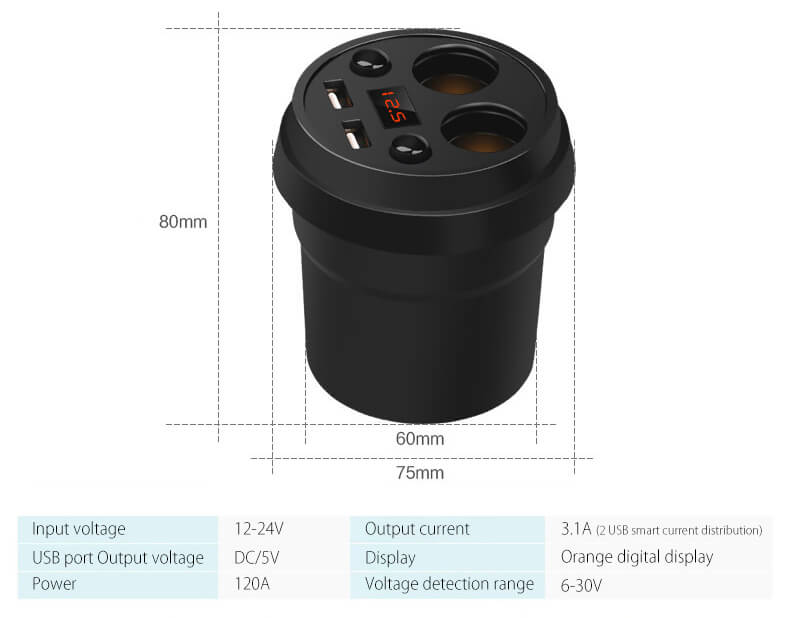 POFAN S01 Cup Car Charger with Voltage Warning Independent Switch/Dual USB Interfaces/Dual Cigar Lighter Ports - Black