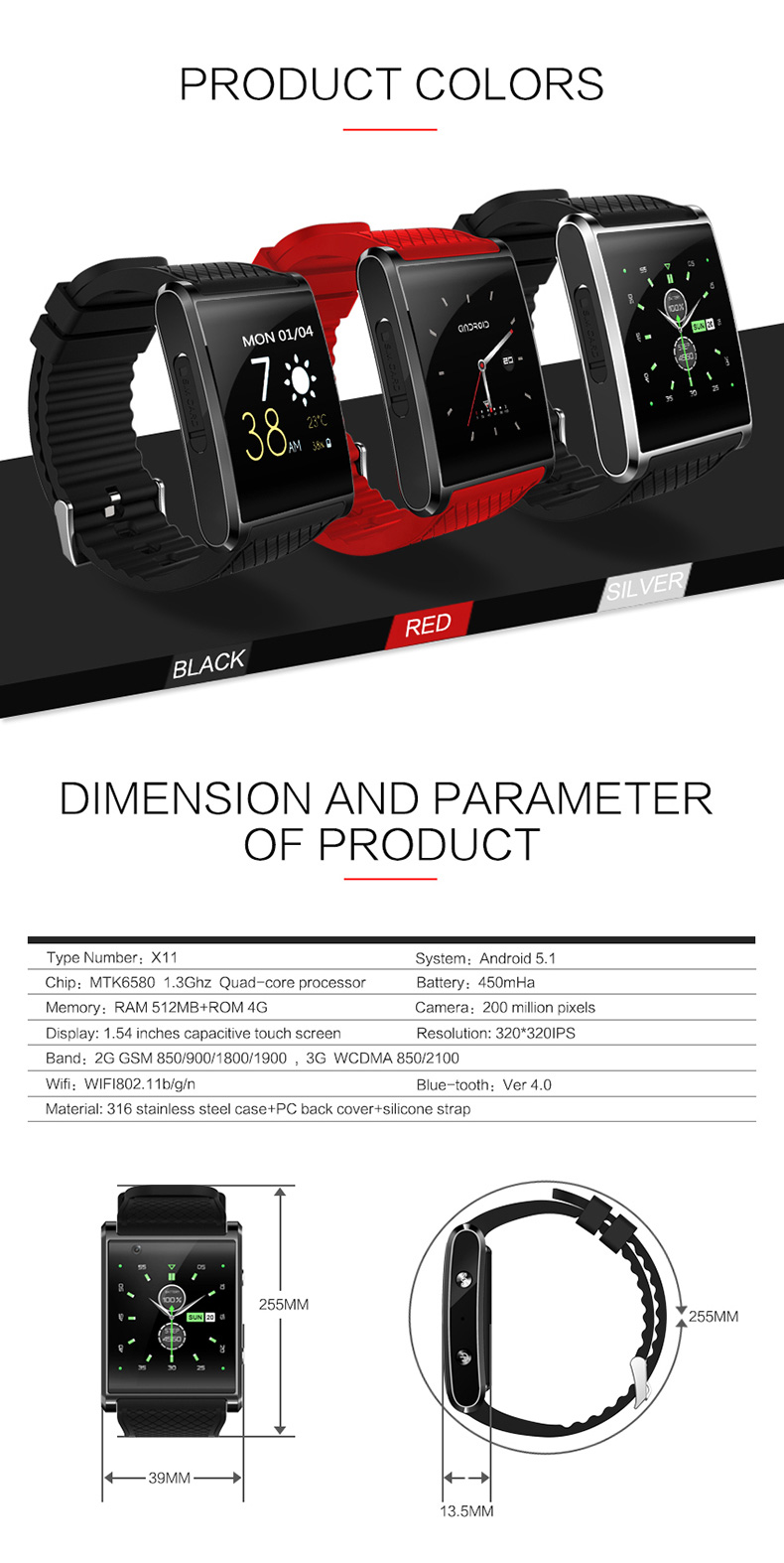 X11 3G Smartwatch Phone Android 5.1 MTK6580 Quad Core 1.3GHz 512MB RAM 4GB ROM GPS Bluetooth 4.0 - Silver