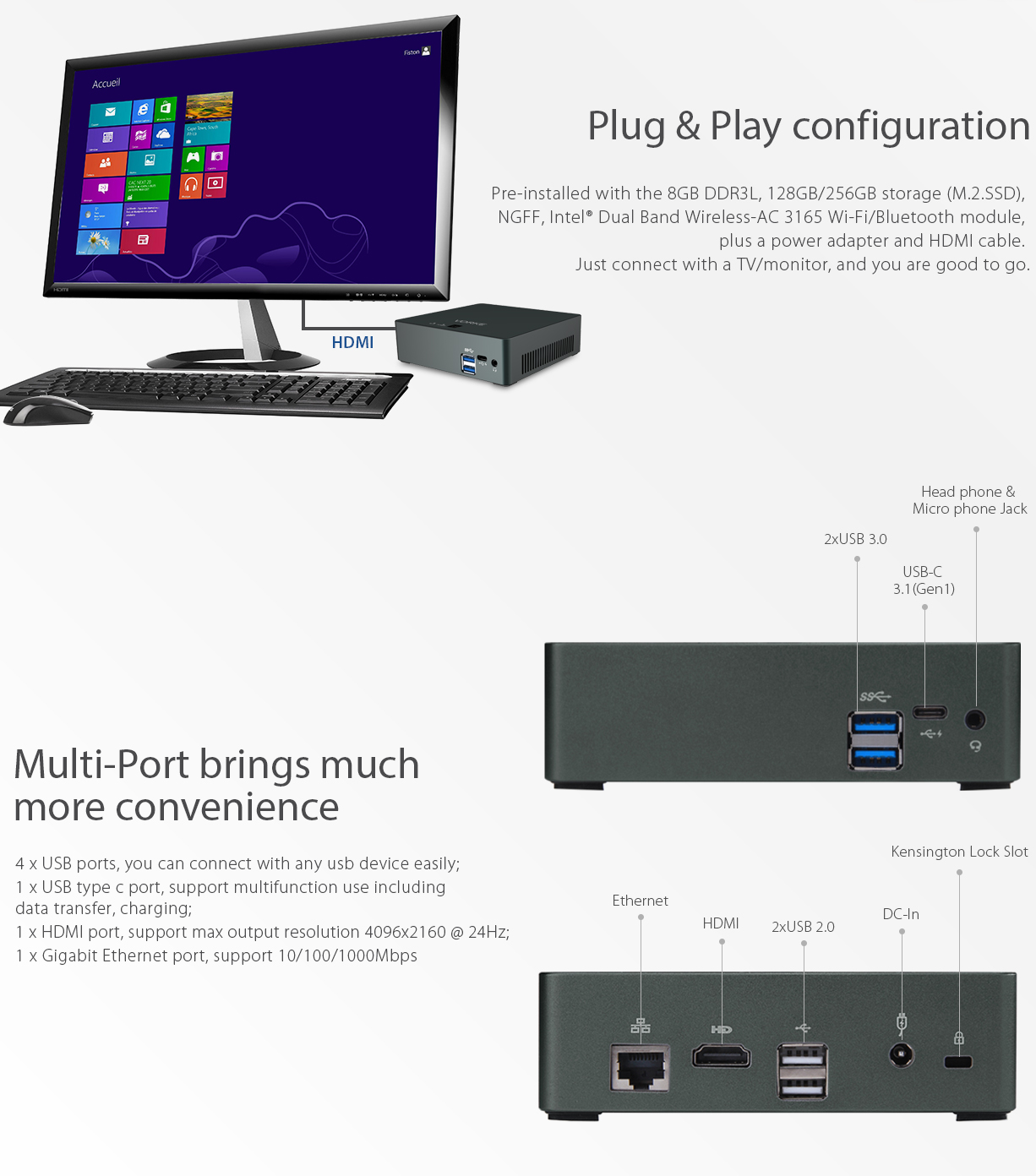 VORKE V2 Plus Mini PC Ubuntu 16.04 Intel Skylake I7-7500U 8GB RAM 256GB SSD IEEE 802.11 ac WIFI Gigabit LAN HDMI USB 3.1 Type-C