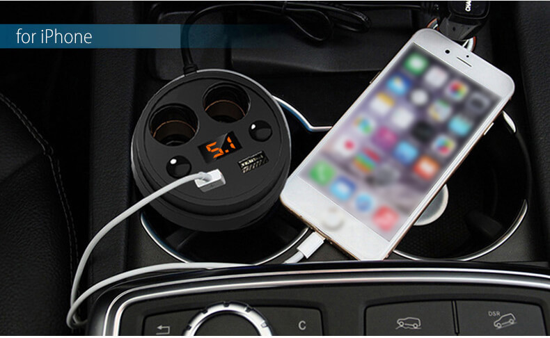 POFAN S01 Cup Car Charger with Voltage Warning Independent Switch/Dual USB Interfaces/Dual Cigar Lighter Ports - Black