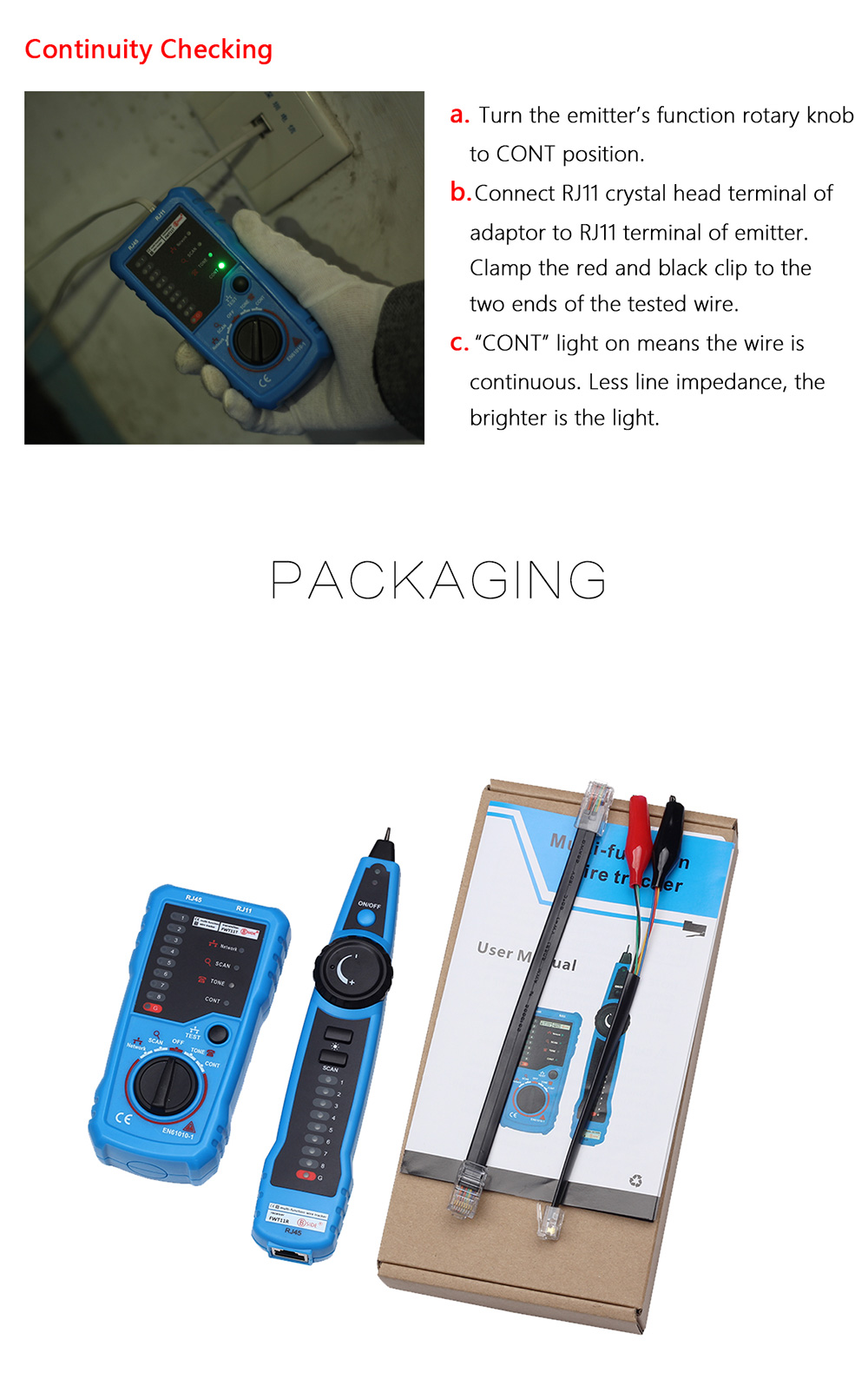 BSIDE FWT11 RJ45 RJ11 Telephone Wire Line Finder Tracker - Blue and Black