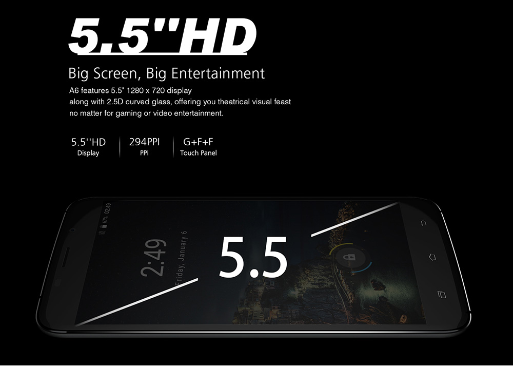 UHANS A6 5.5 Inch HD Screen Smartphone 2GB 16GB 8.0MP Cam MT6580 Android 7.0 Touch ID 4150mAh Battery - Black