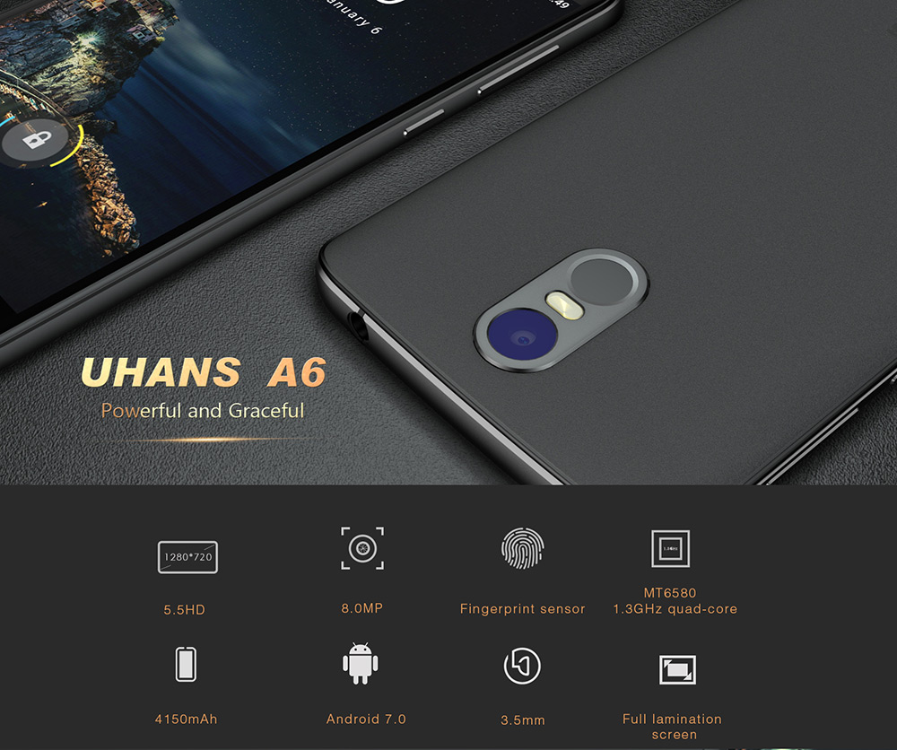 UHANS A6 5.5 Inch HD Screen Smartphone 2GB 16GB 8.0MP Cam MT6580 Android 7.0 Touch ID 4150mAh Battery - Black