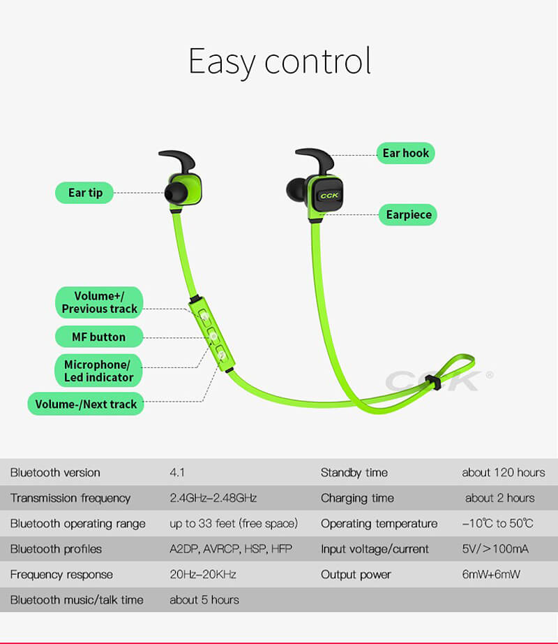 CCK KS Wireless Bluetooth V4.1 Stereo Headphone Sport Sweatproof In-ear Earphone with Mic - Red