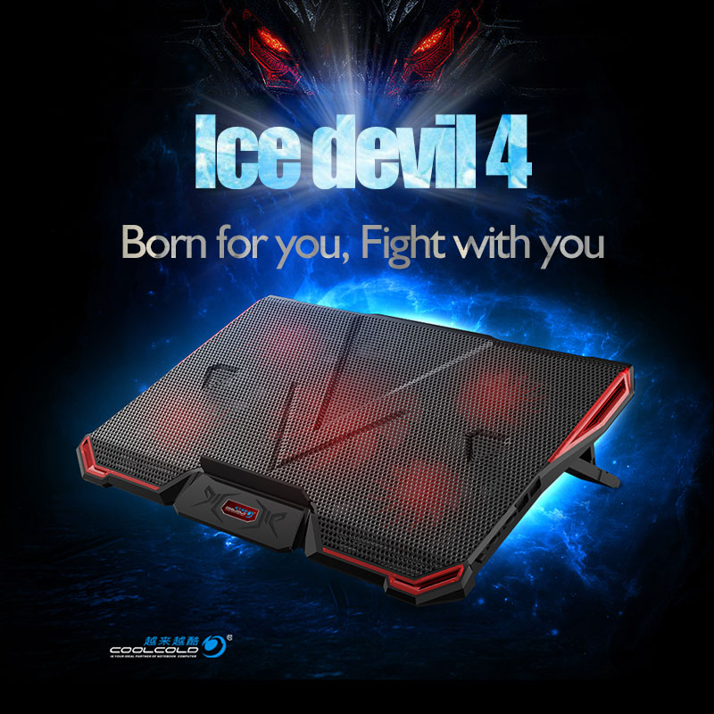 CoolCold Ice Devil 4 Cooling Pad 5 LED Fans 2 USB Ports Adjustable Holder for 12-17 Inch Laptop - Black + Red