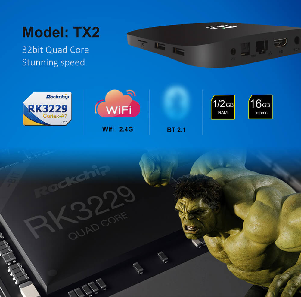 Tanix TX2-R2 RK3229 2GB/16GB KODI 4K UHD TV BOX Android 802.11 b/g/n WIFI LAN Bluetooth HDMI 2.0