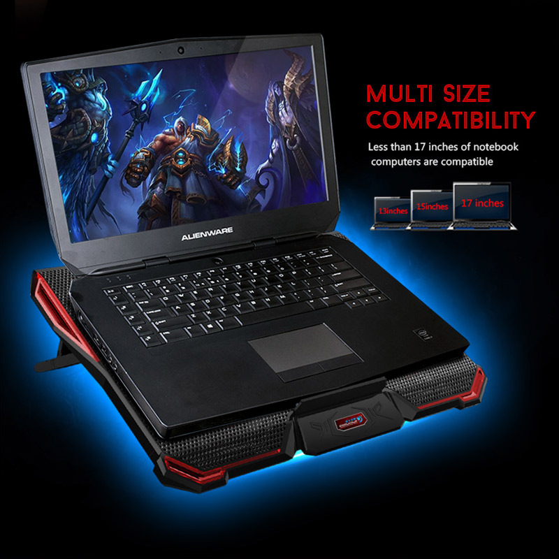 CoolCold Ice Devil 4 Cooling Pad 5 LED Fans 2 USB Ports Adjustable Holder for 12-17 Inch Laptop - Black + Red