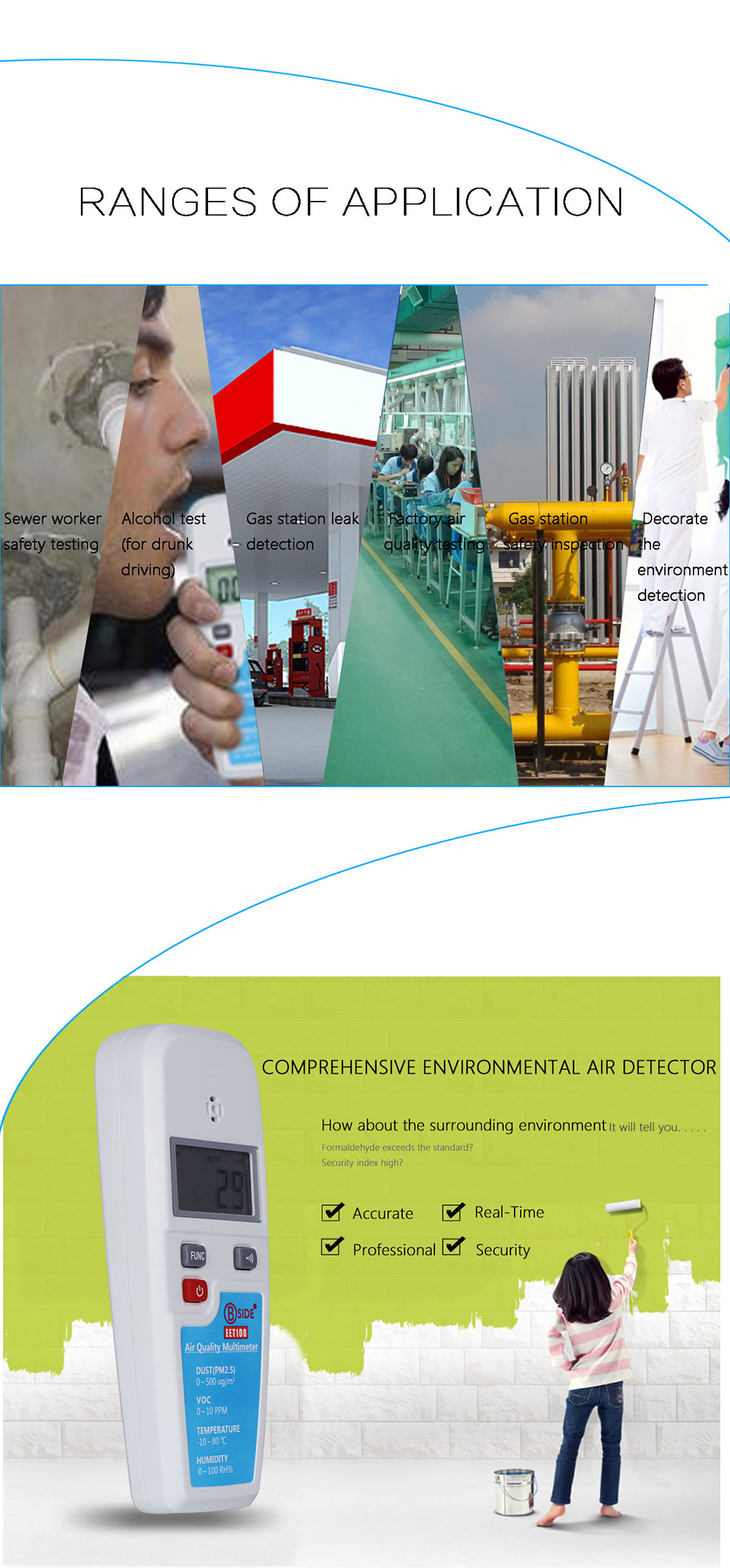 BSIDE EET100 Air Quality Monitoring Tester VOC Formaldehyde PM2.5 Temperature Humidity Detector