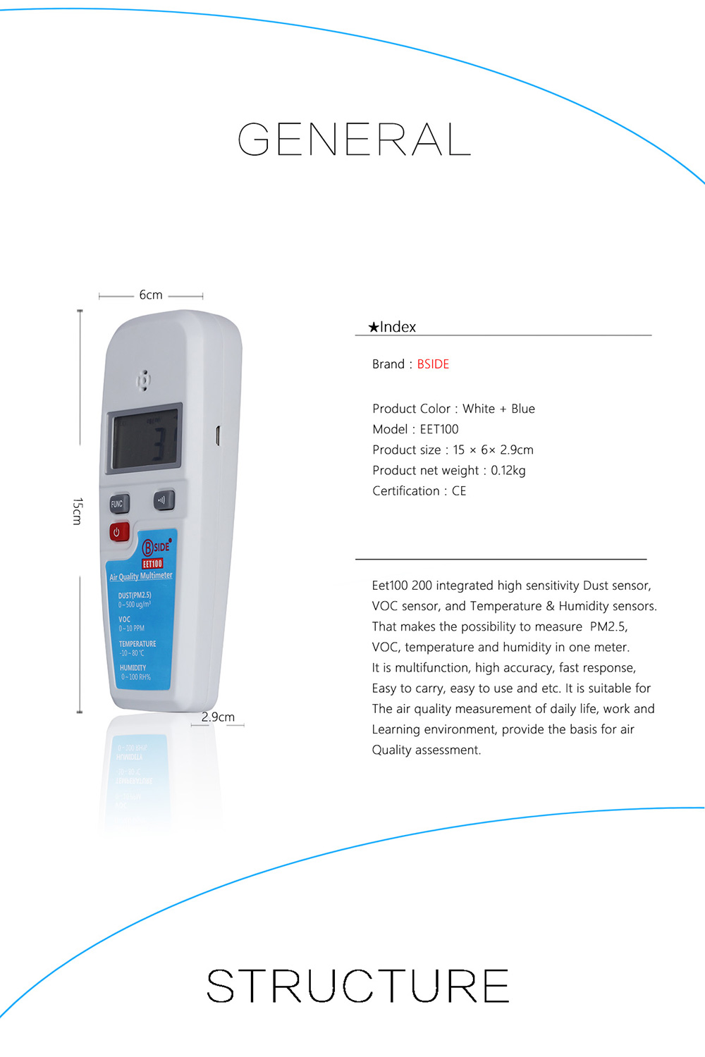 BSIDE EET100 Air Quality Monitoring Tester VOC Formaldehyde PM2.5 Temperature Humidity Detector
