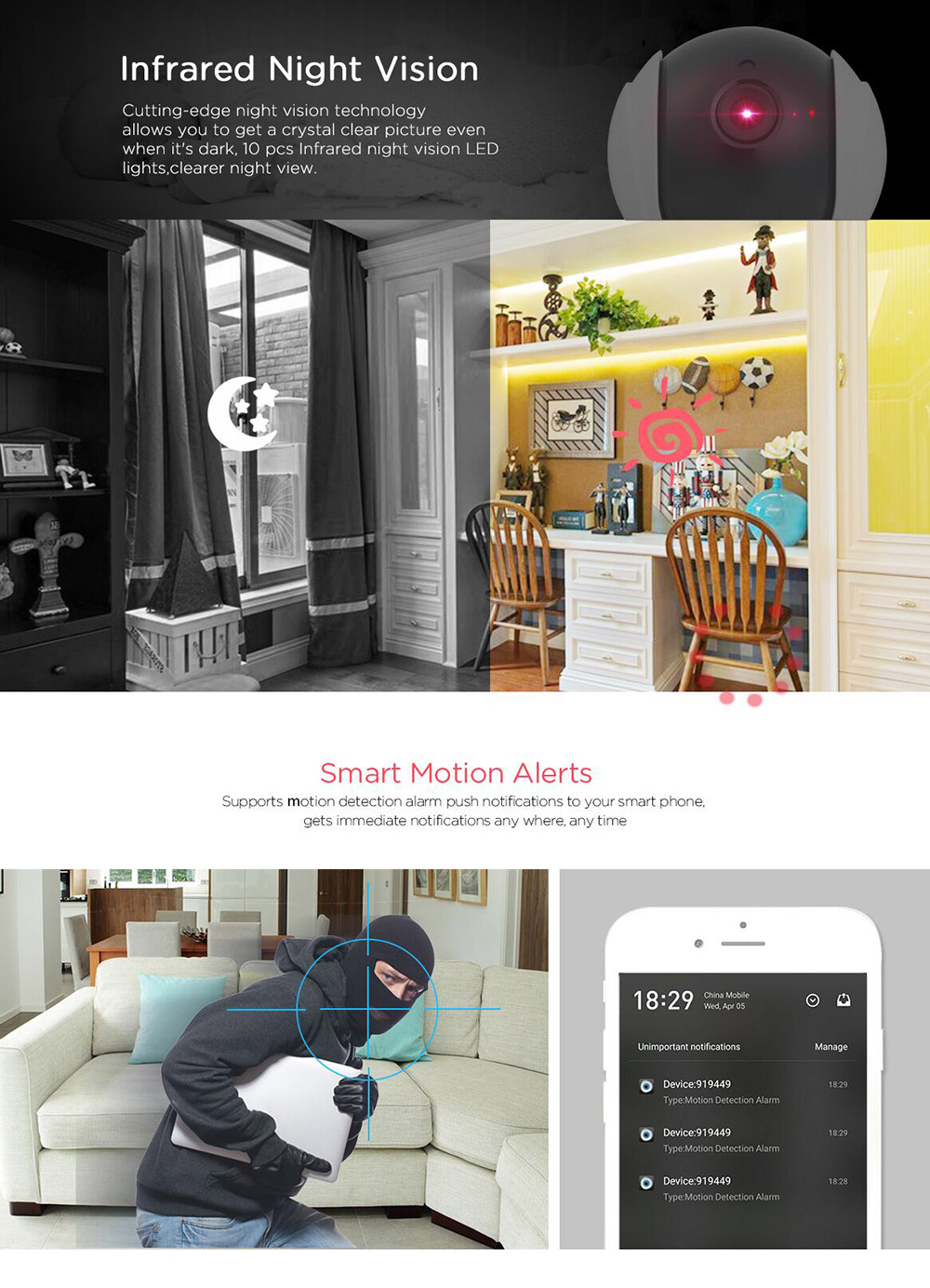 Sricam SP020 WiFi 720P IP Camera Built-in IR-cut AP Hotspot Motion Detection Night Vision P2P CMOS Sensor Security Camera -White