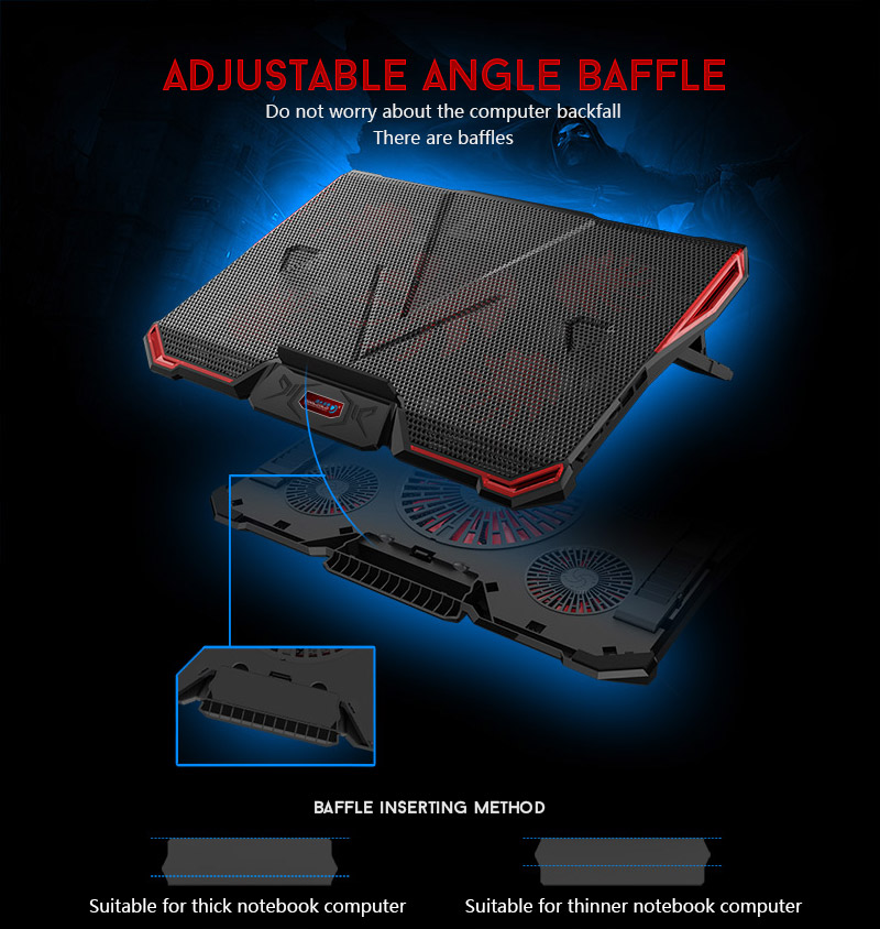 CoolCold Ice Devil 4 Cooling Pad 5 LED Fans 2 USB Ports Adjustable Holder for 12-17 Inch Laptop - Black + Red
