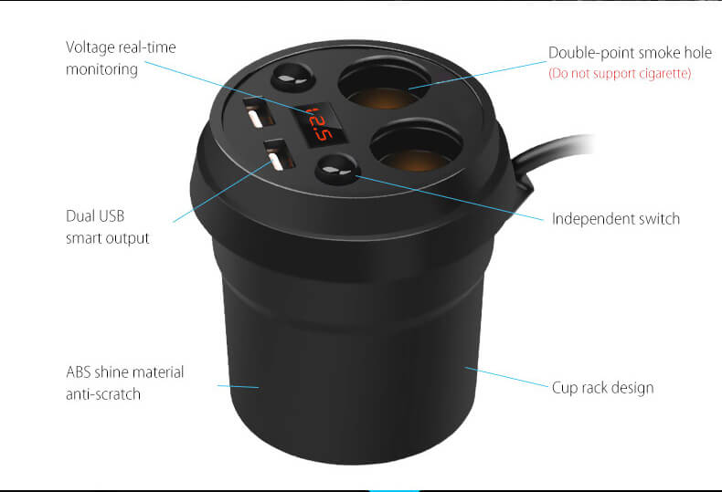 POFAN S01 Cup Car Charger with Voltage Warning Independent Switch/Dual USB Interfaces/Dual Cigar Lighter Ports - Black