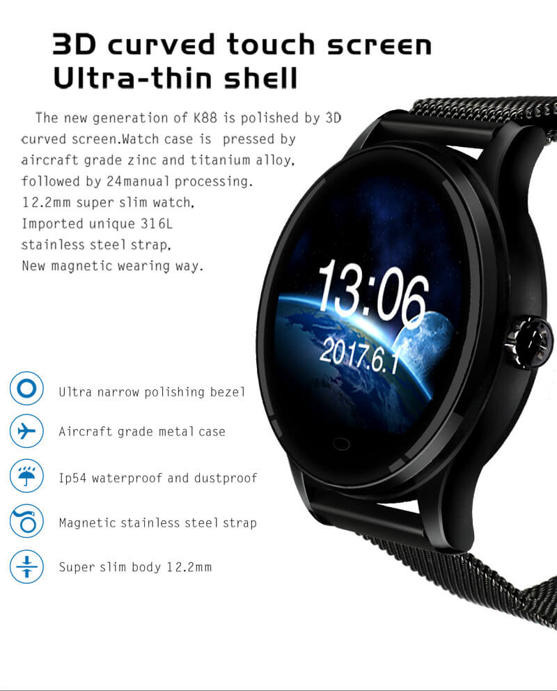 K88 Smart Watch Bluetooth Heart Rate Monitor MTK2502 Siri Function Gesture Control Compatible with iOS Andriod - Silver